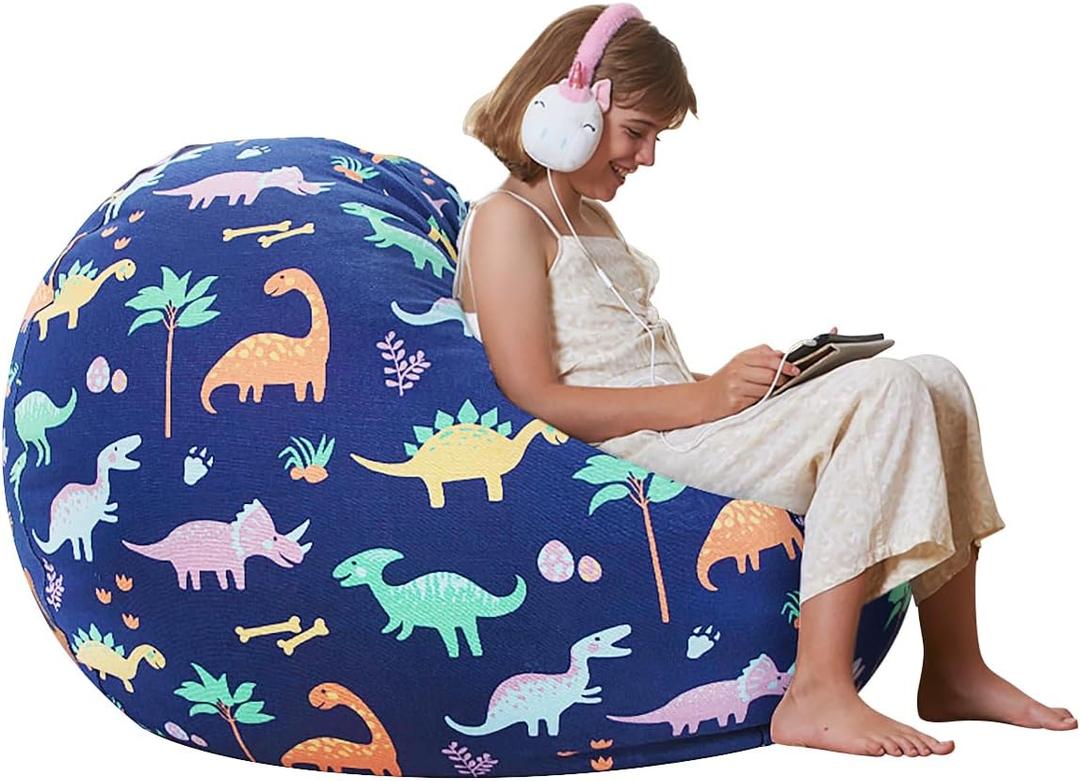 Aubliss Stuffed Animal Storage Bean Bag Chair Cover for Kids, Dinosaur Zipper Beanbag Chair Cover for Organizing Toddler and Kids' Rooms Plush Toys (Medium (32''))