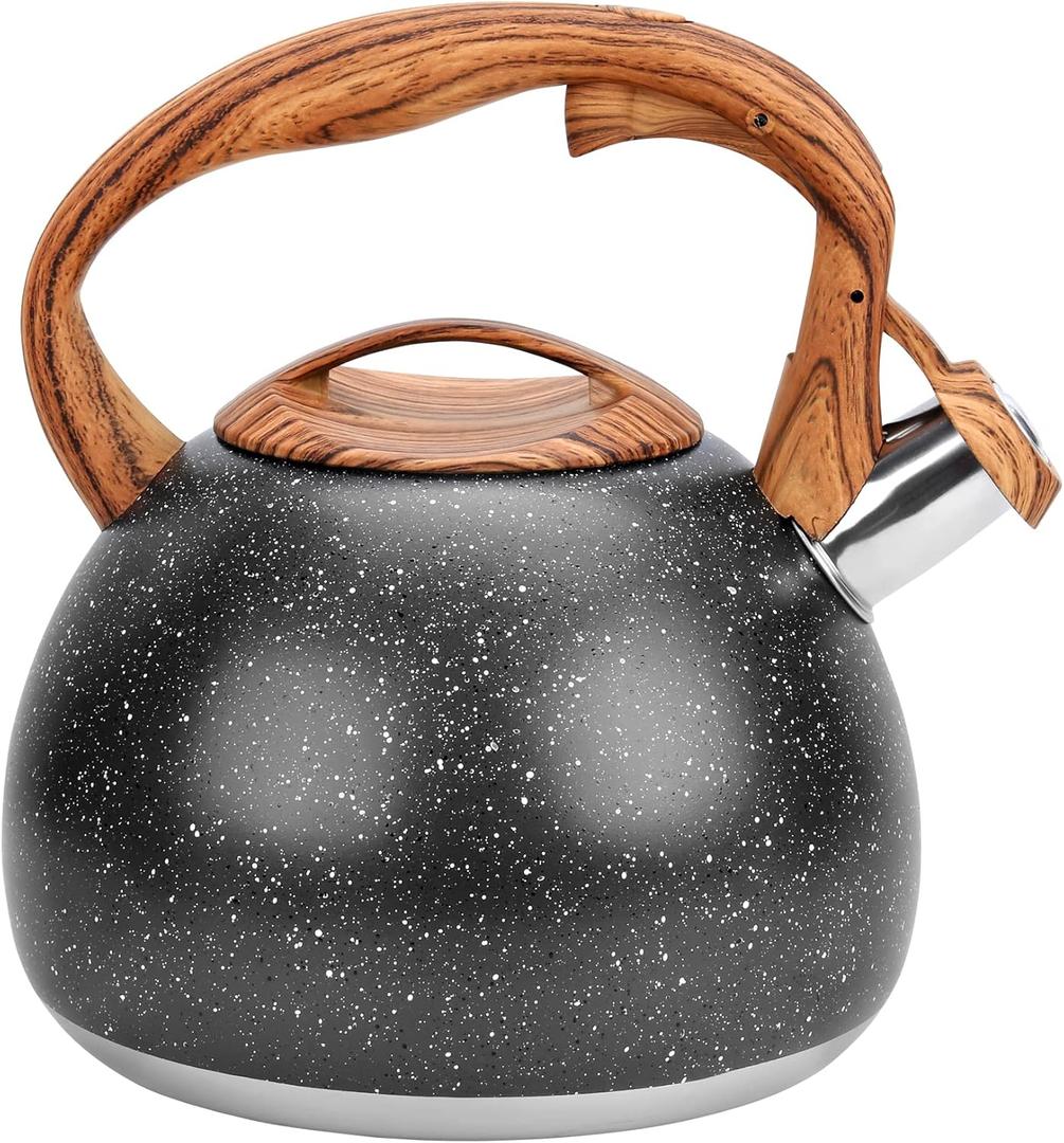 Whistling Tea Kettle Stovetop, Tea Pots for Stove Top Food Grade Stainless Steel with Wood Pattern Handle, 3.2Quart (Black)