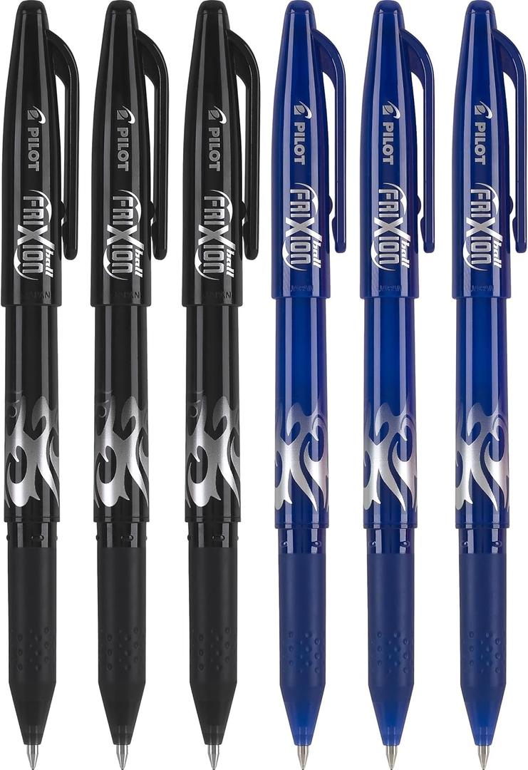 Pilot FriXion Ball 0.7mm Erasable Gel Pens, Fine Point, 3 Black Pens & 3 Blue Pens (6 PACK)
