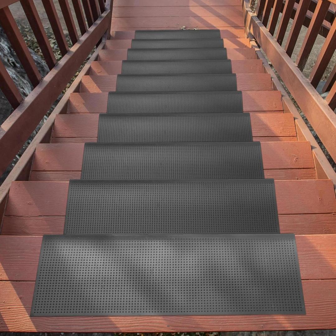 Indoor/Outdoor Hose-Wash Fingertip Nibs Design Non-Slip Rubber 10" x 30" Modern Stair Treads for Stairs, Garage, Patio, 5 Pack, Black Nib