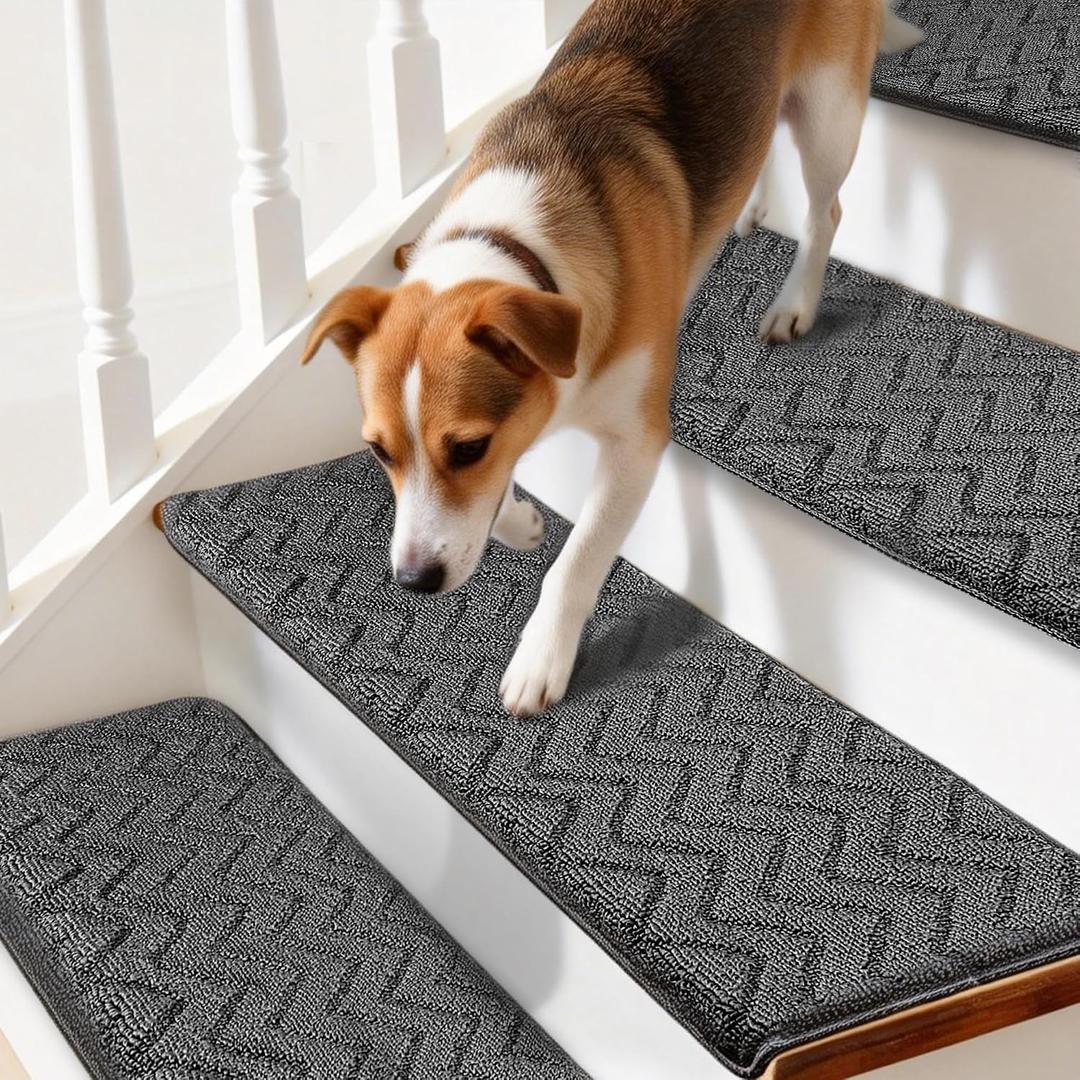 15 Pieces Ultra Plush Bullnose Carpet Stair Treads 9.5"x30" Non Slip, Self Adhesive, Pet Friendly, Washable, Reusable, Skid Resistant Indoor Stair Mats with Iron-Reinforced Edge (Wave & Gray)