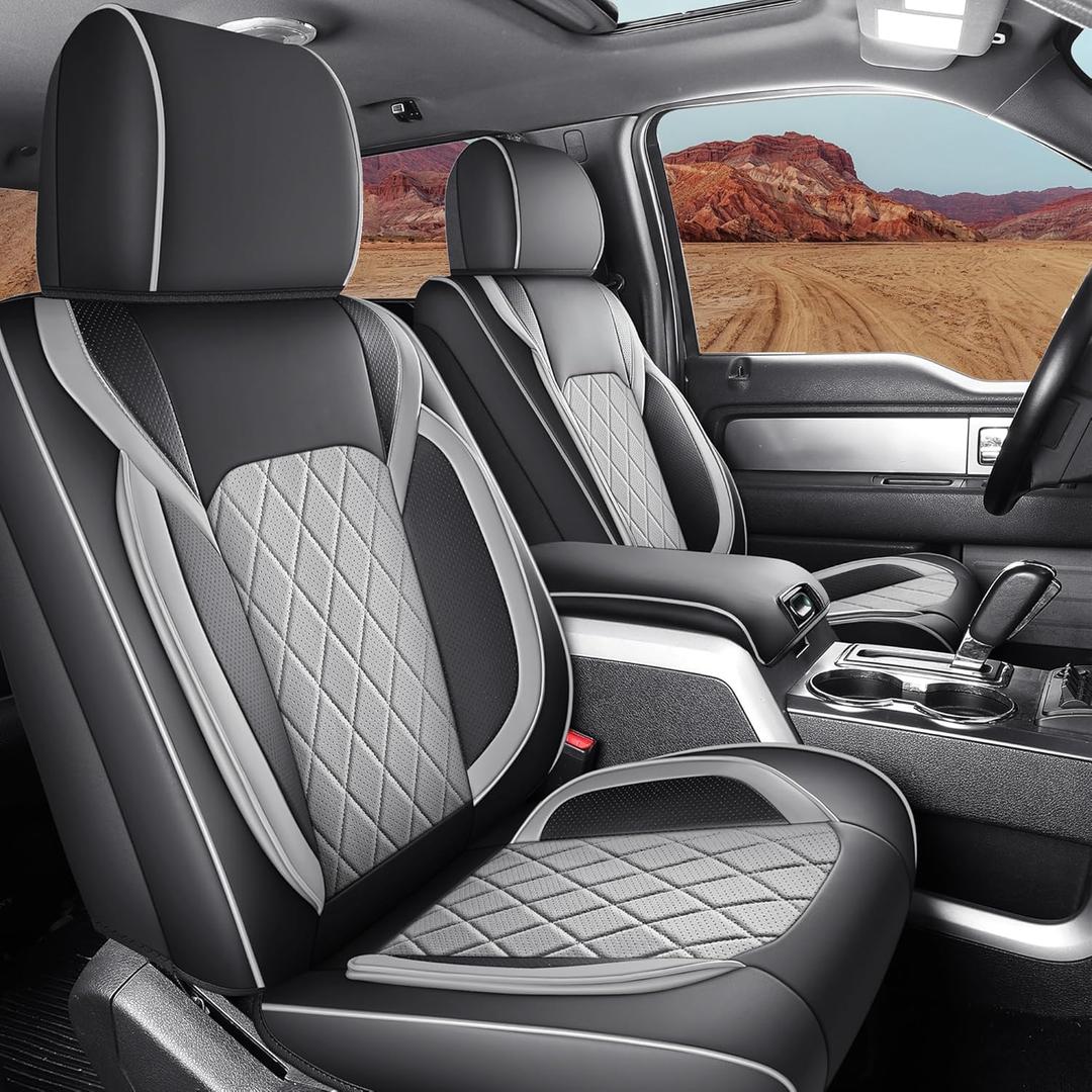 Seat Covers for 2015-2025 Ford F150 SuperCrew & 2017-2025 F250/F350/F450 Super Duty Crew Cab Pickup XL XLT Lariat King Ranch | Full Set Front and Rear(Black & Gray)