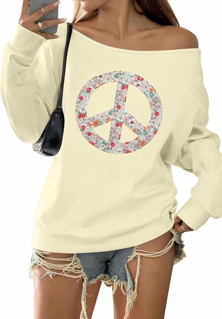 MYHALF Off the Shoulder Sweatshirt for Women Y2K Bow Graphic Pullover Tops Drop Shoulder Long Sleeve Cute Sweaters (S)