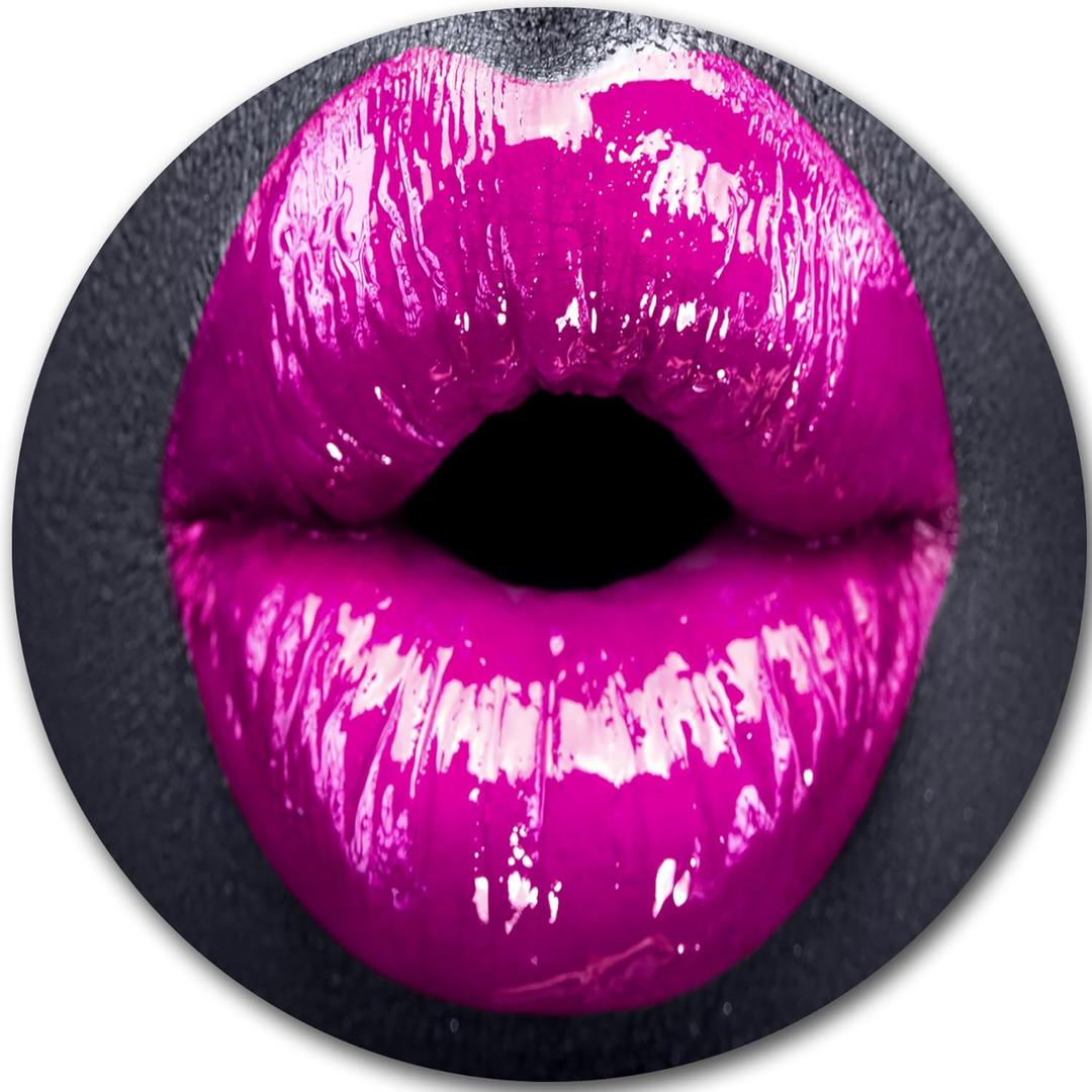 Purple Lip Makeup  Modern Portrait Round Metal Wall Art 23" Glossy Finish