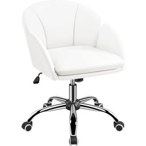 Yaheetech White Desk Chair Vanity Chair with Back Modern Faux Leather Swivel Rolling Office Computer Armchair for Living Room, Bedroom