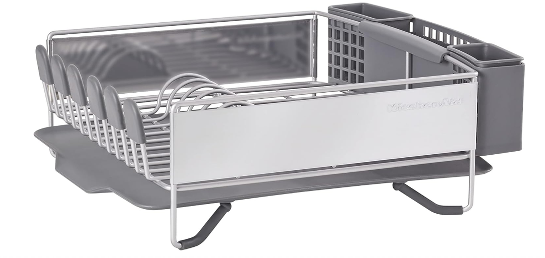 KitchenAid Compact Space Saving, Dish Rack with Removable Flatware Caddy and Angled Self Draining Drainboard, Satin Gray, 15-Inch-by-13.25-Inch