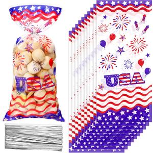 Outus 100 Pcs Patriotic Labor Veterans Day Celllo Treat Bags Bulk 4th of July Goodie Blue Red USA Star Candy Cellophane Plastic Bag with 100 Silver Twist Tie for American Party Supplies Favor Gift