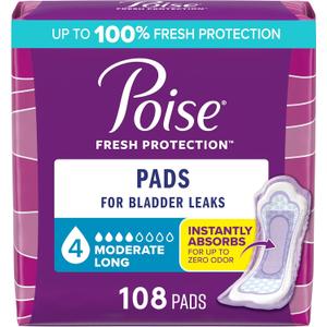 Poise Incontinence & Postpartum Pads for Bladder Leaks, 4 Drop Moderate Absorbency, Long Length, 108 Count