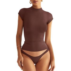 Womens Double Lined Mock Turtle Neck Tops Slim Fitted Cap Sleeve Shirts Going Out Tees Y2k Summer Clothes 2025 (Large, Brown)