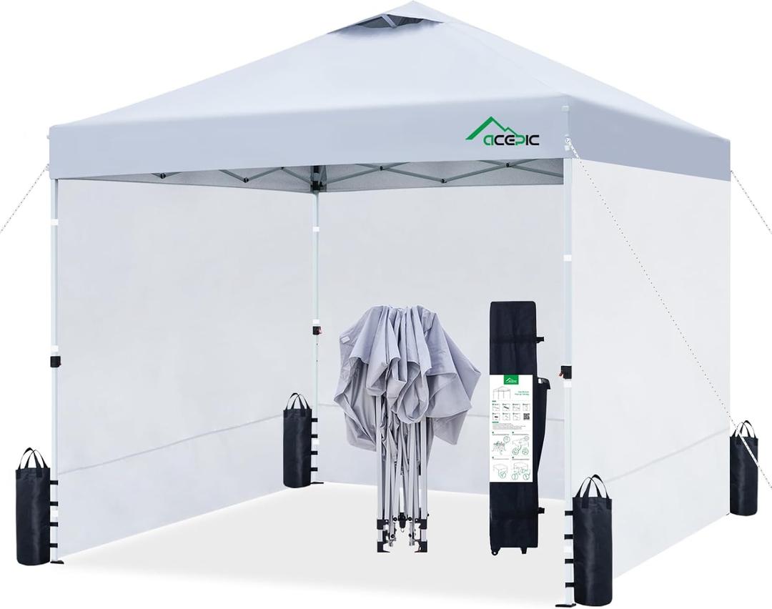 Acepic 10x10 Pop Up Canopy Tent with 3 Removable Sidewalls, 1-Person Setup Pop Up Canopy Tent with 1-Button Push and Wheel Carry Bag, Bonus 8 Stakes and 4 Upgraded Heavy Duty Canopy Weights