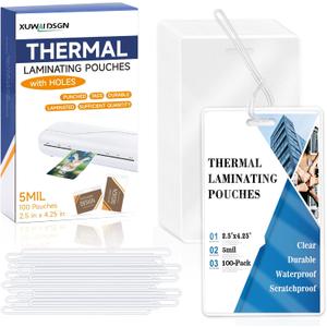 100 Pack 5 Mil Laminating Pouch with Clear Loop 2 1/2" x 4 1/4" Luggage Tag Laminating Pouches with Slot Hole Thermal Laminate Pouch Tags Kit Resealable for Work Permits Pass Cards Student ID Cards (White)