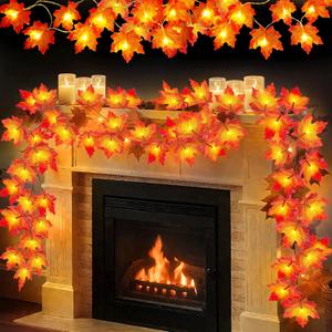 4 Pack Thanksgiving Decorations Fall Garland with Lights Fall Decorations for Home, Total 40 Ft 80 LED Maples Leaves Lighted Thanksgiving Garland Battery Operated Autumn Decor Indoor Outdoor Christmas