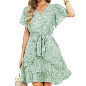 CiCiBird Womens Summer Dresses V Neck Ruffle Short Sleeve Flowy Beach Vacation Wedding Guest Dress Green Floral S (Green)