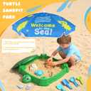 Turtle Sandbox with Lid and Adjustable Umbrella, Large Square Sand Box with 6 Molds & 4 Shovels, Outdoor Beach Toys for Toddlers Ages 3+