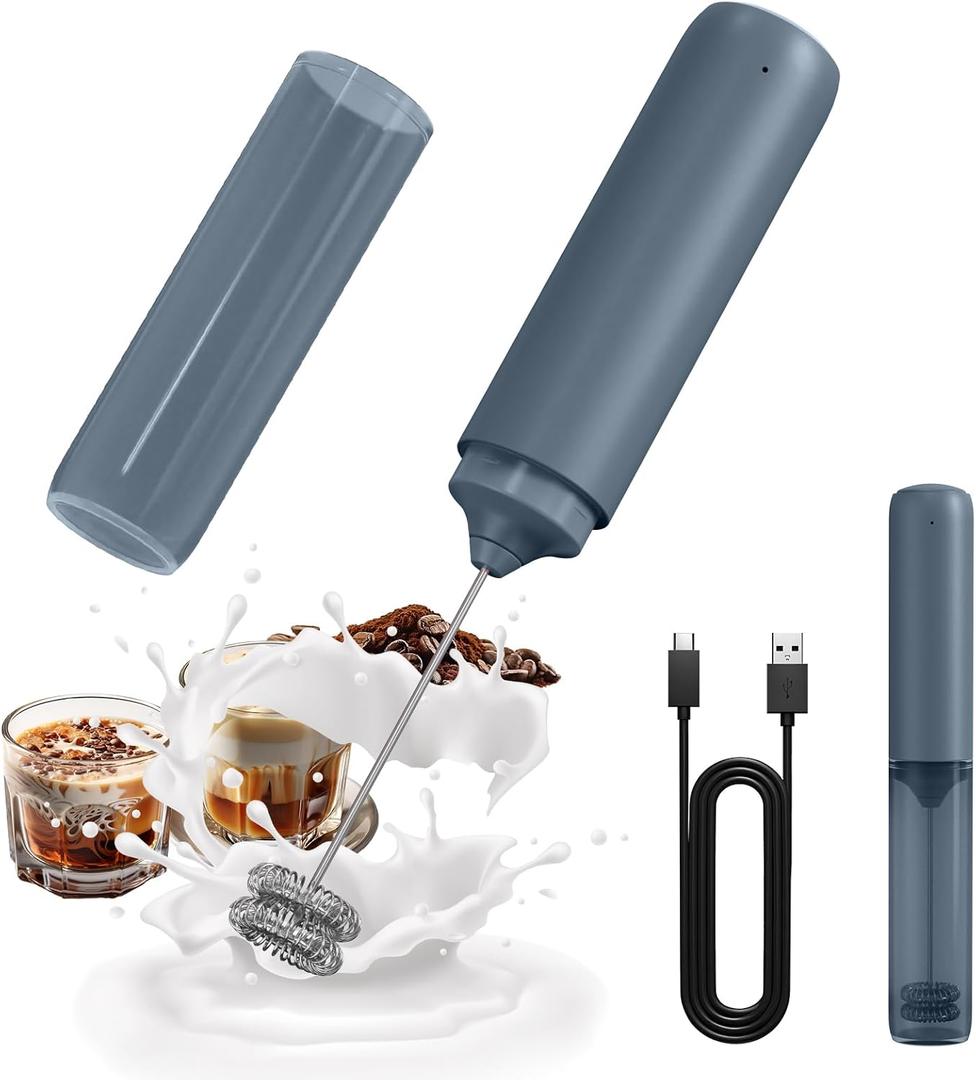 CIRCLE JOY Rechargeable Milk Frother Hanheld, Dual Ring Electric Coffee Frother, Portable Hand Frother Wand Drink Mixer for Matcha Lattes Cappuccino, Kitchen Gifts, Blue (Model A Rechargeable + Storage Tube)