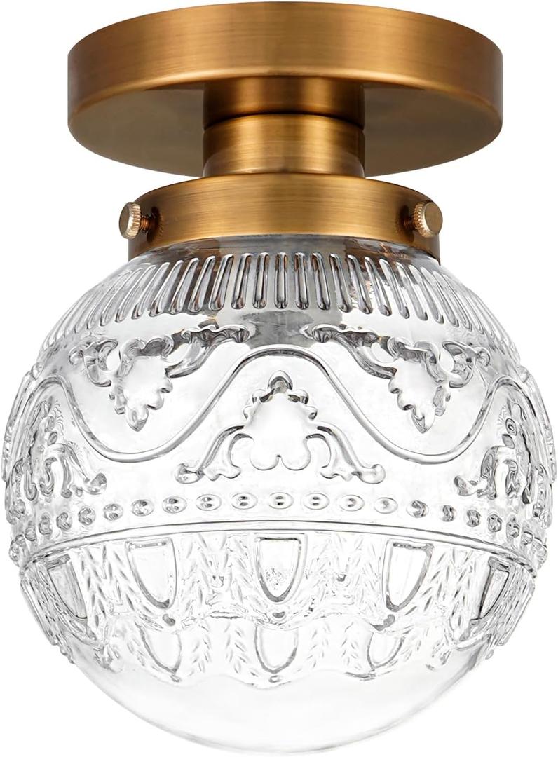 Small Semi Flush Mount Ceiling Light, Modern Globe Clear Glass Ceiling Light Fixture, Vintage Brass Gold Hallway Light Fixtures for Kitchen, Entryway, Bathroom, Closet