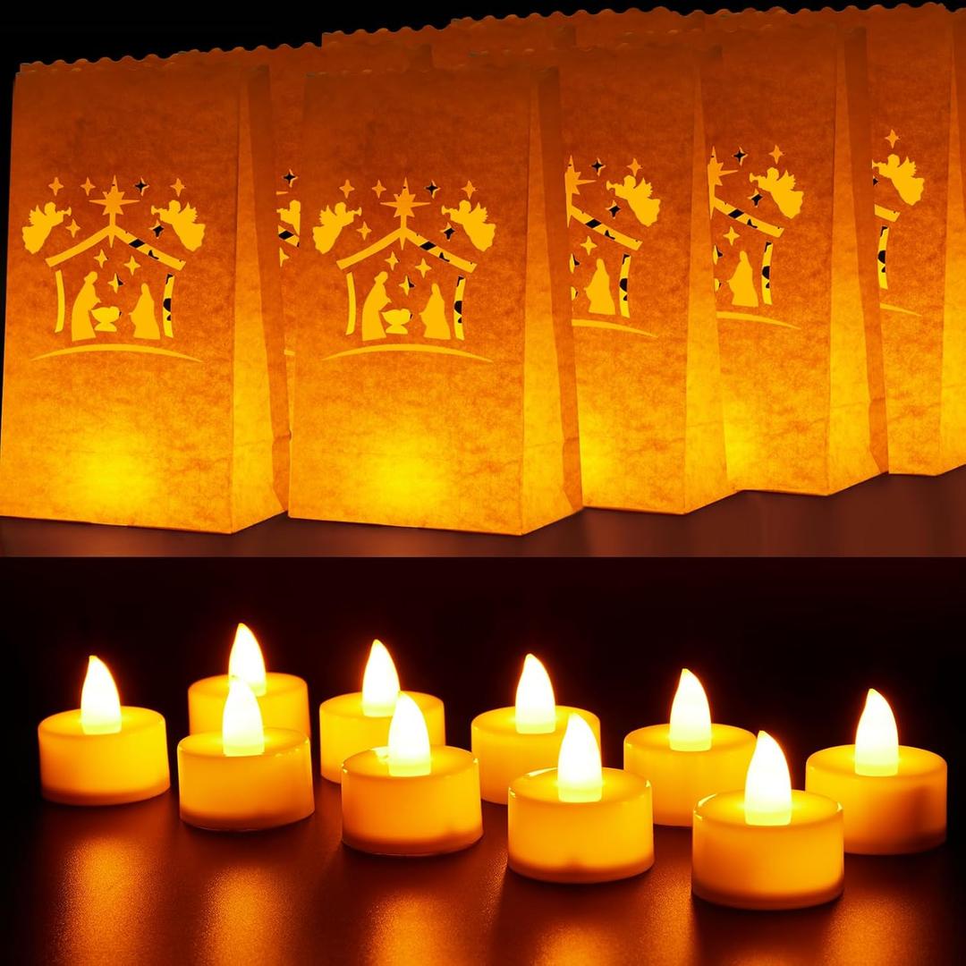 Crtiin 50 Set Christmas White Luminary Bags with Flameless Candles Fire Retardant Material Paper Lantern Candle Bags LED Tea Lights for Christmas Wedding Thanksgiving Party Decoration(Nativity)