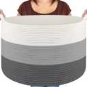 Maliton Large Blanket Basket, 22" X 22" X 14" Woven Baskets for storage Baby Laundry Hamper, Cotton Rope Blanket Basket for Living Room, Laundry, Nursery, Pillows, Clothes, Baby Toy chest (White&Grey)