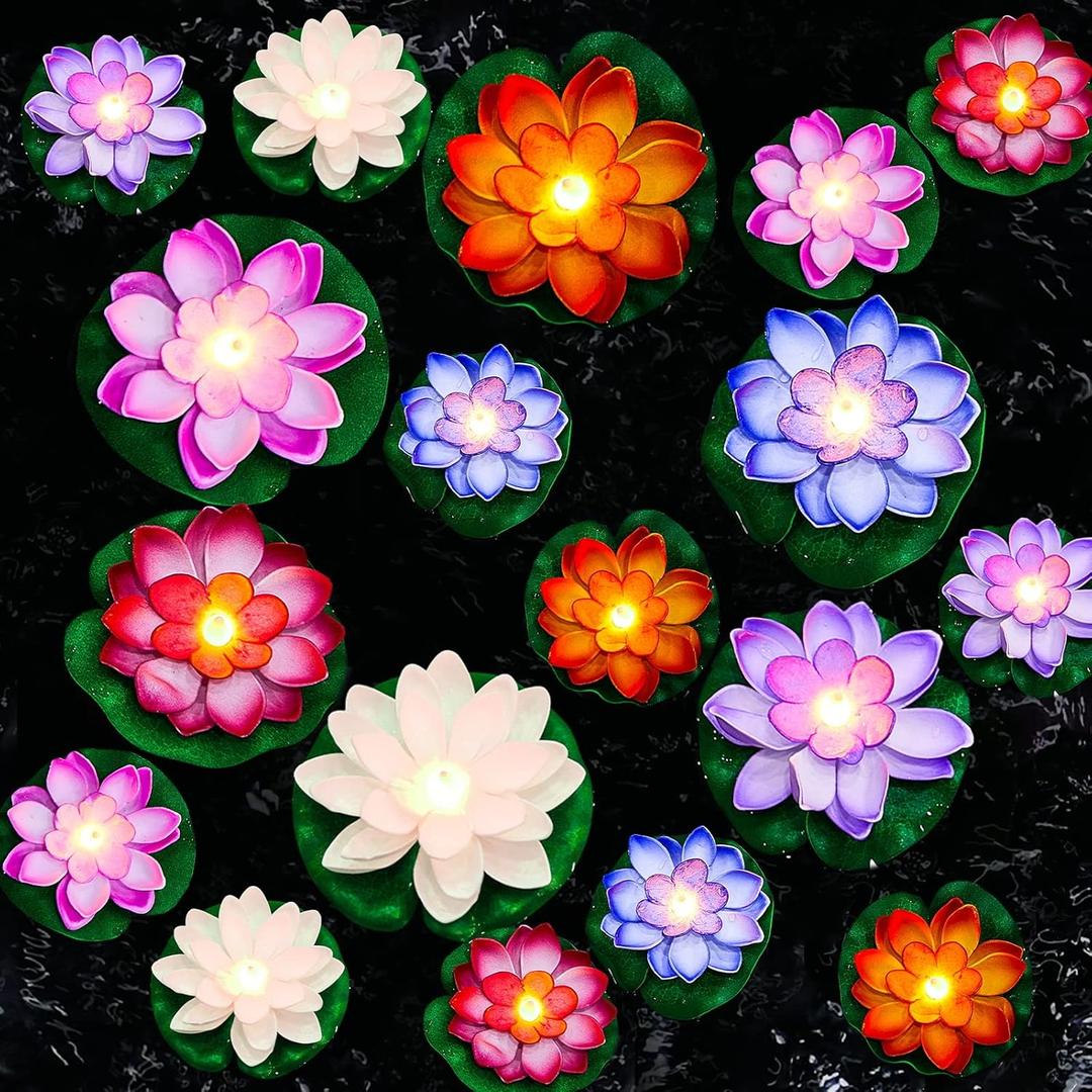 Hortsun 18 Pcs Floating Pool Lights Artificial Lotus Lamp Waterproof with Water Lily Pad LED Lights for Garden Pond Decor (Multicolor)