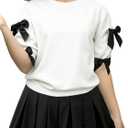 Verdusa Girl's Bowknot Side Tee Shirts Coquette Half Sleeve Crew Neck Summer Tops (White), Size: 8Y