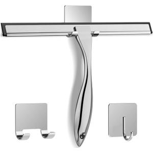 All-Purpose Stainless Steel Shower Squeegee for Shower Doors with 2 Adhesive Hooks, Bathroom Cleaner Tool Household Window Mirror Squeegee for Home Cleaning, Glass Door, Tile Wall, Car, 12 Inch Silver