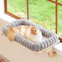 Zakkart SnugCloud Cat Perch for Window Sill with 4-Sided Bolster - Orthopedic Cat Window Hammock - Solid Hardwood & Metal Frame - Window Seat for Pets (Natural Color Wood w/Gray Bed, Medium)