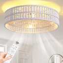 19 inch Boho Wood Beaded Fandelier White Wood Beaded Ceiling Fan with Light Boho Fandelier 6 Speed Flush Mount Ceiling Fan with Light for Livingroom Bedroom