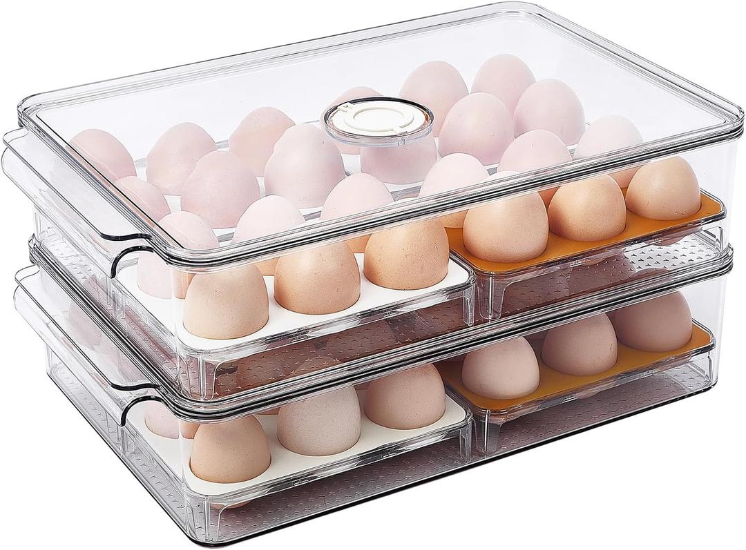 FreshKeeper Stackable Egg Holder for Fridge with Time Scale on Lid, Plastic Egg Organizer, Egg Container for Refrigerator 24 Slots (2PACK)