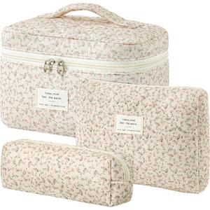 HBselect Quilted Makeup Bag, 3PCS Cotton Large Travel Makeup Bag, Cute Floral Coquette Make up Bag Cosmetic Bag Toiletry Bag for Women Girls