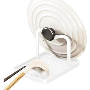 Anti-Rust Metal Spoon Rest with Lid Holder, Heat-Resistant Pot Lid Rest, Multifunctional Spatula Holder While Cooking for Stovetop and Kitchen Counter  White (1-LAYER)
