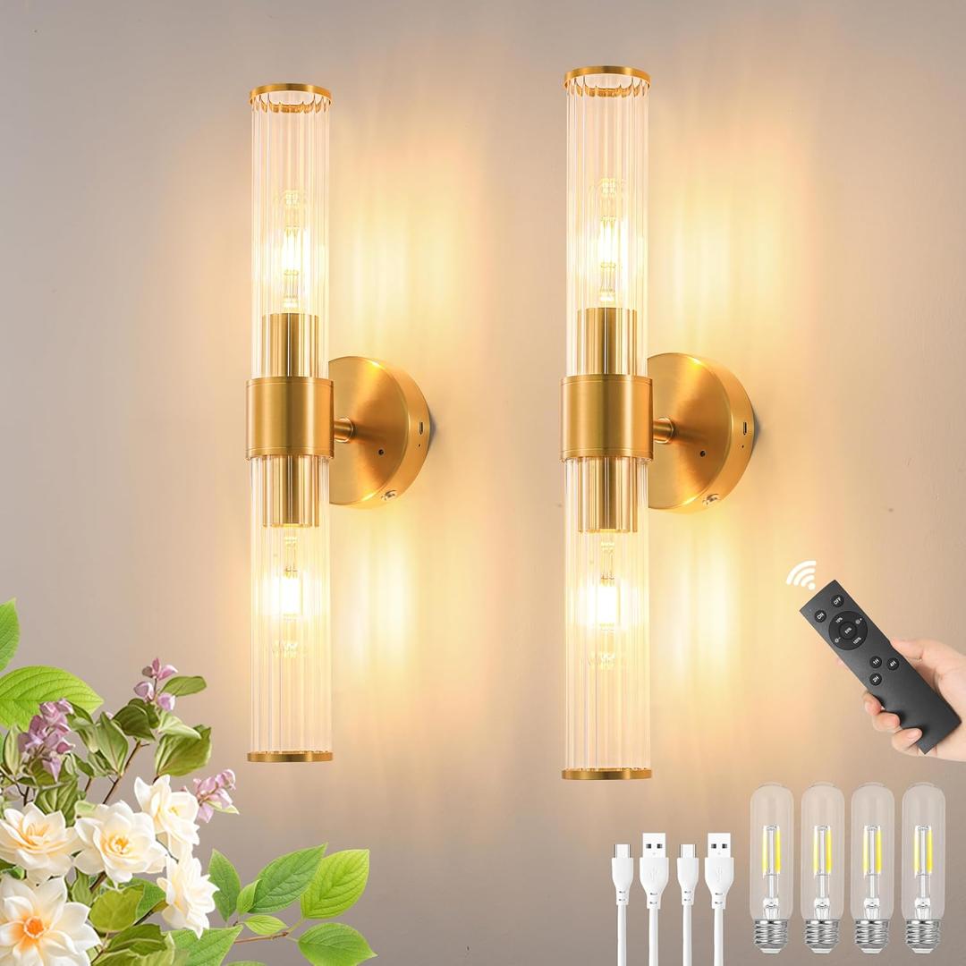 Morauroral Gold Battery Operated Wall Sconces Set of Two, Rechargeable Wall Sconce with Dimmable Remote Control, 20 Inch Wireless Sconce Wall Light for Bedroom, Living Room (Bulbs Included), 20 Inch2 Pack