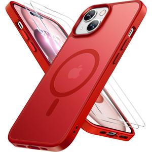 Miracase Magnetic for iPhone 15 Case (Compatible with MagSafe)with 2X Screen Protectors Military-Grade Protection, Anti-Fingerprint Translucent Matte Phone Cover for iPhone 15 6.1 inch, Red