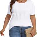 Plus Size Tops for Women Pleated Summer Top Trendy Short Sleeve Shirts Casual Basic Tee Crew Neck Blouses 2026