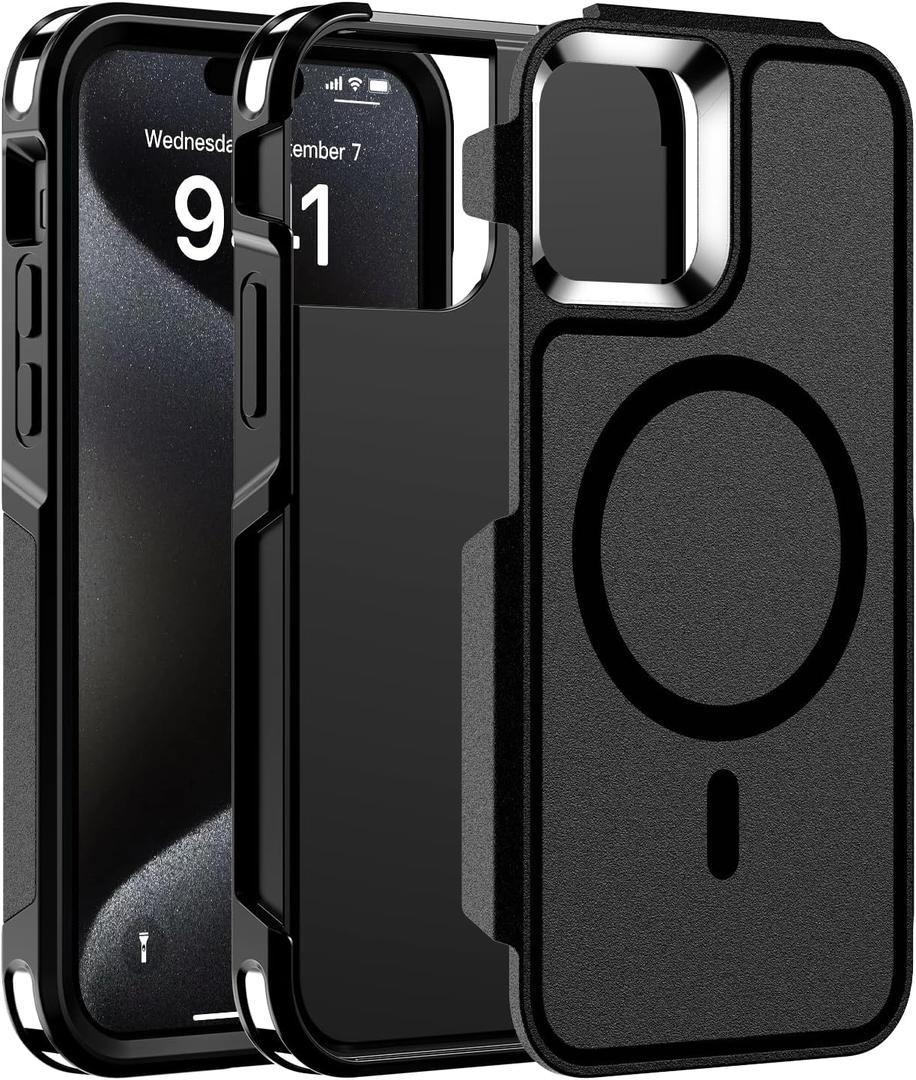 Magnetic Case for iPhone 15 Pro Max 6.7'',[Compatible with Magsafe][Heavy Duty Shockproof] [Military Grade Drop Protection][Non-slip] Rugged Durable 2-Layer Hard Bumper Phone Cover-Matte Black