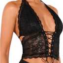 SOLY HUX Women's Sexy Lace Sheer Corset Top Halter Neck Tie Up Backless Crop Tops Party Rave Outfits Solid Black Small