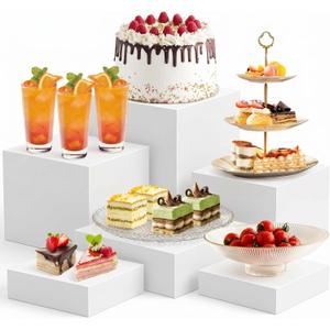 6 PCS Buffet Risers and Stands (3",4",5",6",7",8"), Food Risers for Buffet Table, Acrylic Nesting Risers with Hollow Bottoms, Display Stand Shelf for Party, Catering, Desserts, Jewelry & Collectibles (white)