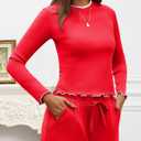 Gargenwed Women's Two-Piece Lounge Set, Long Sleeve Top and Wide Leg Pants with Pocket Casual Comfort Outfit (Red)