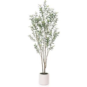 LOMANTO Artificial Olive Trees, 7 ft Tall Fake Olive Trees for Indoor, Faux Olive Silk Tree, Large Olive Plants with White Planter for Home Decor and Housewarming Gift, 1 Pack