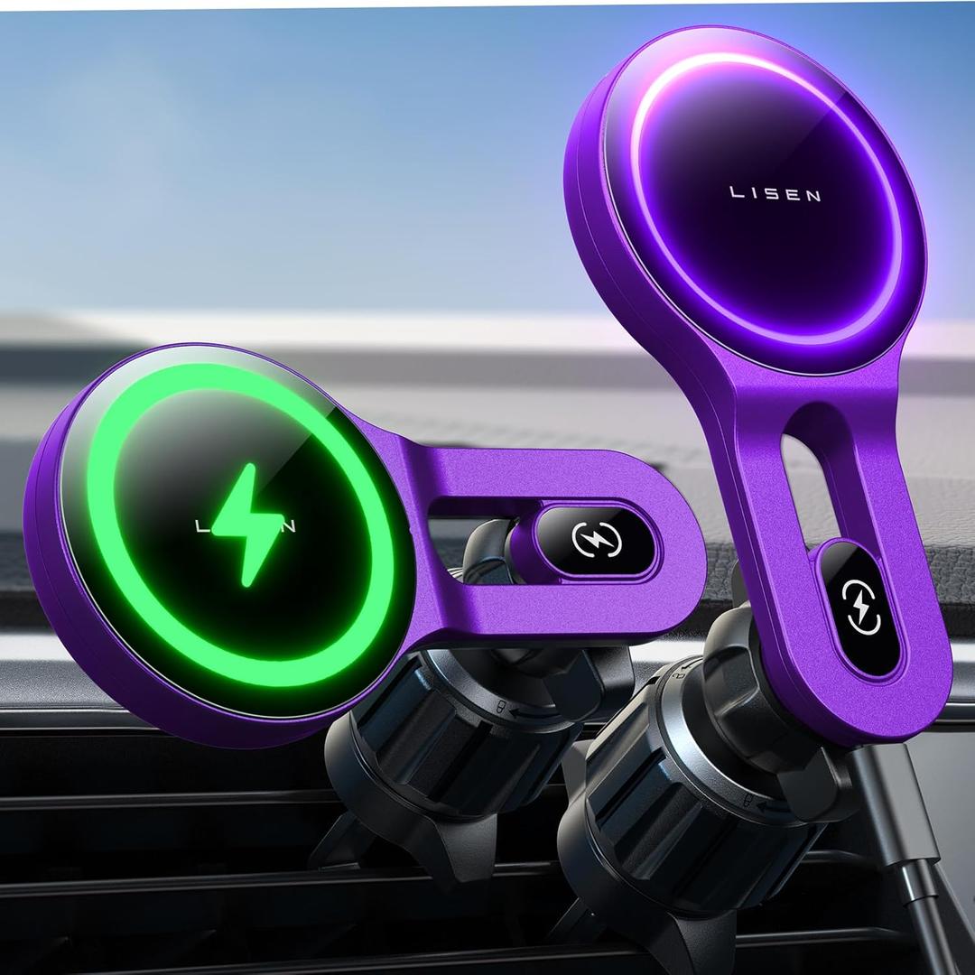 LISEN for 15W MagSafe Car Mount Charger, [Safer & Faster] Vent Magnetic Wireless Car Charger, Car Vent Phone Mount Charger Fits iPhone 16 Pro Max Plus 15 14 13 12, Samsung with MagSafe Case,Purple