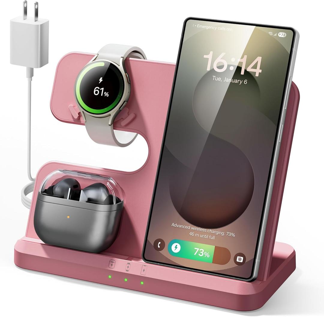 Wireless 3 in 1 Charging Station for Samsung, Phone and Watch Charger for Galaxy S25 Ultra/S24/S23/Z Fold, Wireless Charging Dock for Samsung Watch Galaxy 8/7/6/5, Galaxy Buds 3/2/Pro