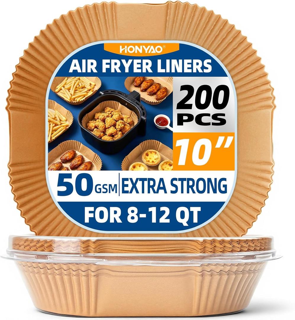 HONYAO Air Fryer Paper Liners 10 inch XXXL for 8-12 Qt Airfryer, 200pcs Square Thickened Disposable for Extra Large Fryers and Oven