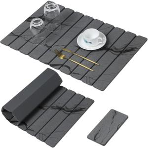 Large Stone Dish Drying Mat for Kitchen Counter, Thin & Light Quick Dry Stone Dishes Mats, Foldable Water Absorbing Diatomite Drying Pad for Kitchen Bathroom Sink Countertop (Gray Ink 24"16" & 8"x4")
