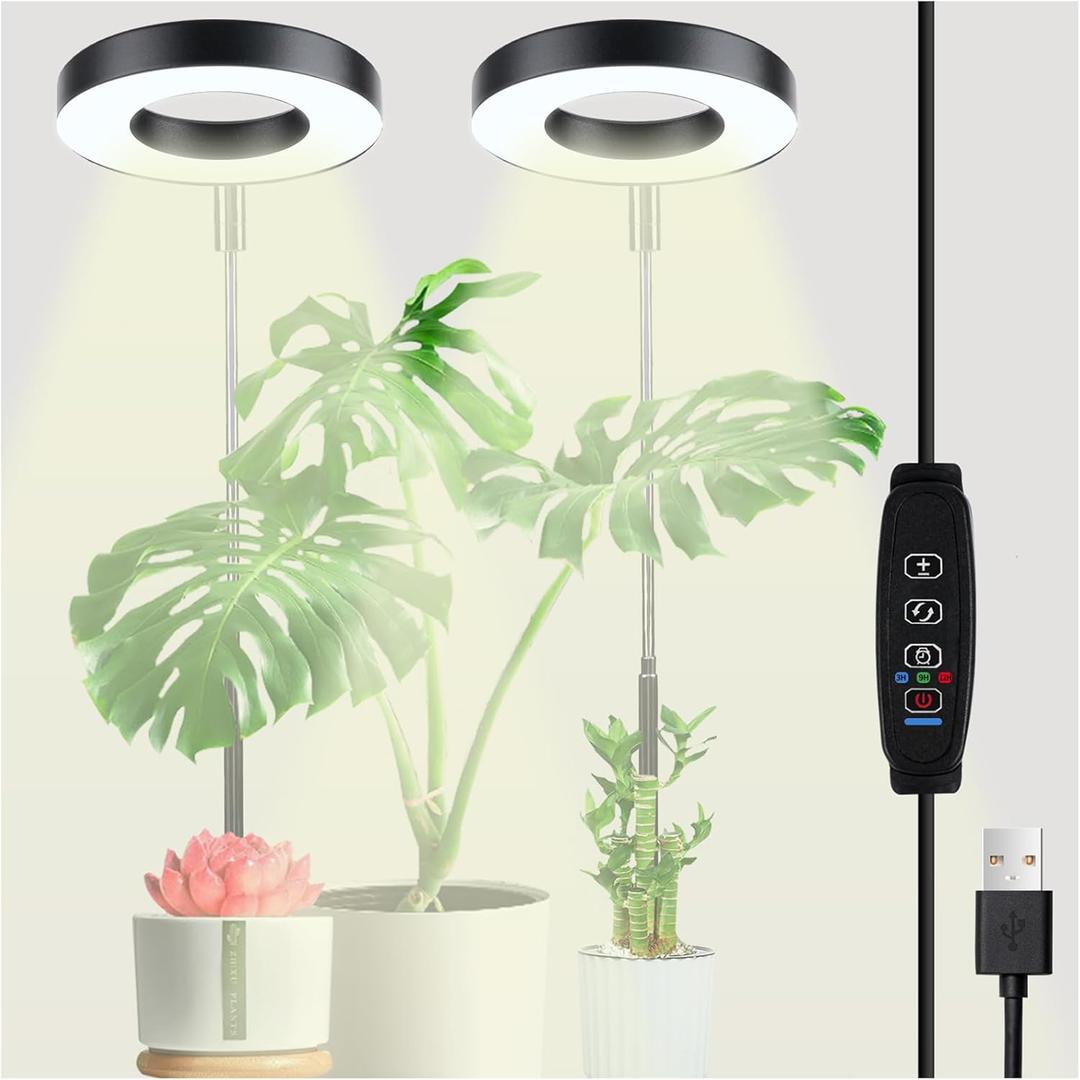 2024 Upgraded Grow Lights for Indoor Plants, USB LED Plant Lights,Dimmable Full Spectrum Plant Grow Light, Height Adjustable Small Plants Lights with Timer 3/9/12H (Warm White, 2 Head)