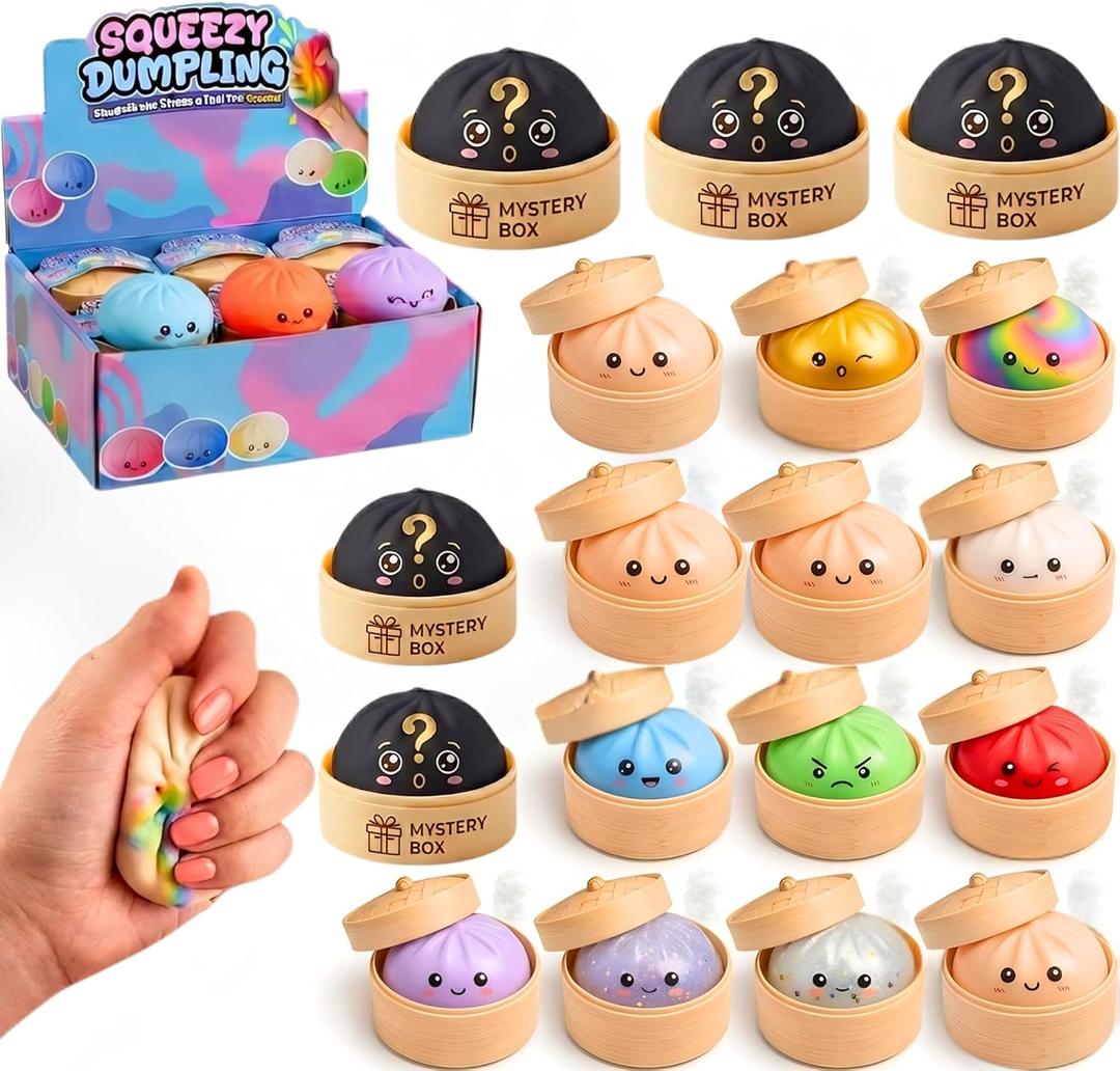 Dumpling Squishy Mystery Box 12 PCS 2026 Upgraded Glitter Surprise Dumplings Squishes with Steamer Containers, Colorful Squeeze for Teens & Adults, Gift Box Set - Colorful