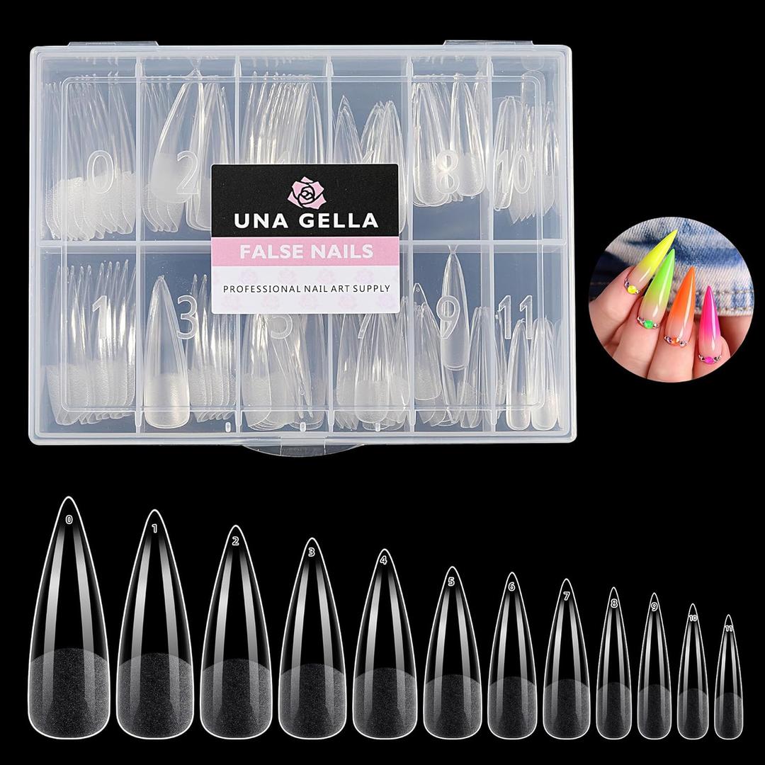 UNA GELLA Stiletto XXL Nail Tips No Need File Extra Long Stiletto Nails Full Cover 120PCS Long Almond Gel Nail Tips Pre-buff Press on Fake Nails for Gel Nail Extension Home DIY Salon 12 Size