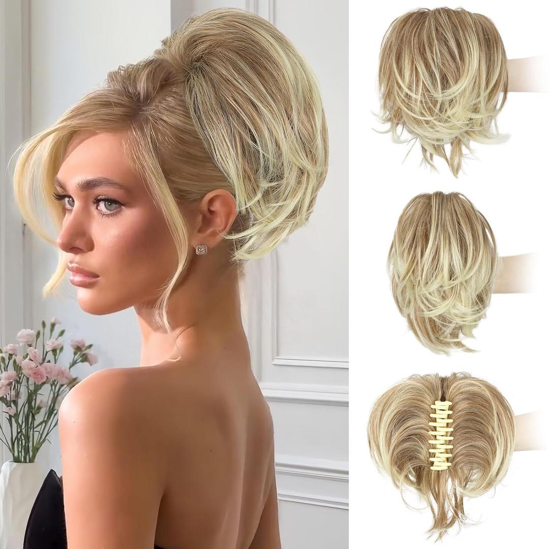 BOGSEA Claw Clip Ponytail Hair Extension - 8 Inch Short Ponytail DIY Bendable Wires Hair Piece for Women Synthetic Fake Pony Tails Daily Use - Ash Blonde