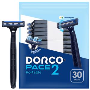 Dorco Pace 2 Disposable Razors for Men (30ct), 2 Blades Shaving Razor, Open-Flow for Easy Rinsing, Lubricating Strip for a Comfortable Shave, Ideal for Travel and Everyday Use