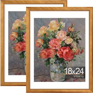 Vittanly 18x24 Picture Frames Set of 2, Ornate Vintage Photo Frame for Wall Mount, Display 16x20 Pictures with Mat or 18x24 without Mat, Rustic Gold