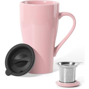 Tea Cup with Infuser and Lid, 18oz Large Tea Infuser Mug, Ceramic Loose Leaf Tea Mug with Strainer & Silicone Lid for Women, Man, Christmas, Gifts (Pink)