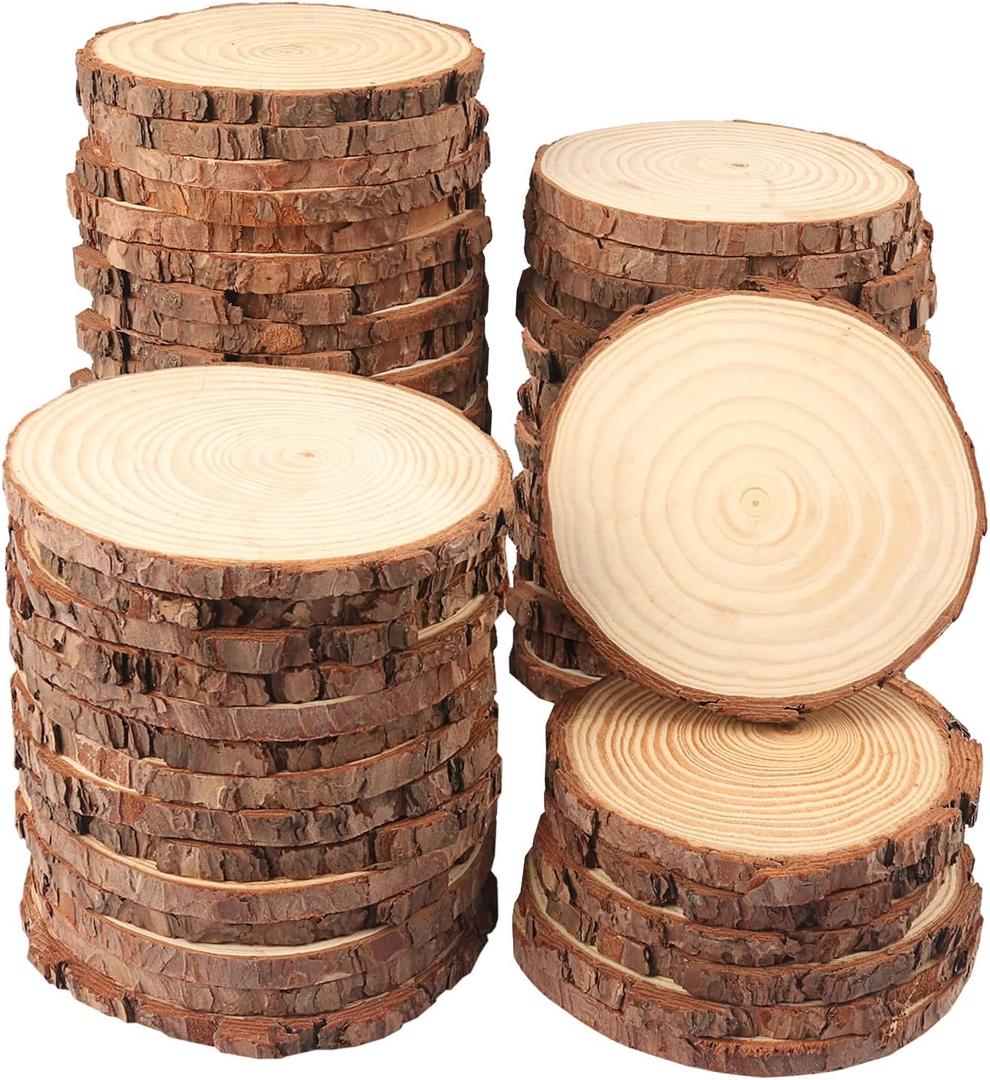 60 PCS 4.7-5.5 Inch Natural Wood Slices, Unfinished Pine Wood Circles with Barks for Coasters, DIY Crafts, Christmas Rustic Wedding Ornaments and Centerpieces,by GNIEMCKIN